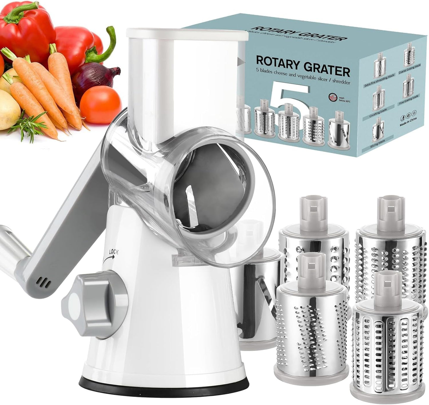 Rotary Cheese Grater Hand Crank, Kitchen Shredder Speed Mandolin Slicer Ice Shaver with Handle and Drum Blades for Cheese, Vegetable, Nuts, Chocolate, Potato, Carrot, 5 Blades, Black