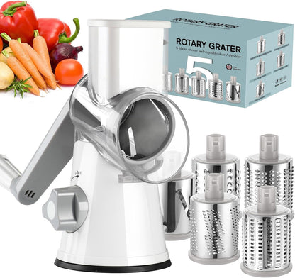 Rotary Cheese Grater Hand Crank, Kitchen Shredder Speed Mandolin Slicer Ice Shaver with Handle and Drum Blades for Cheese, Vegetable, Nuts, Chocolate, Potato, Carrot, 5 Blades, Black