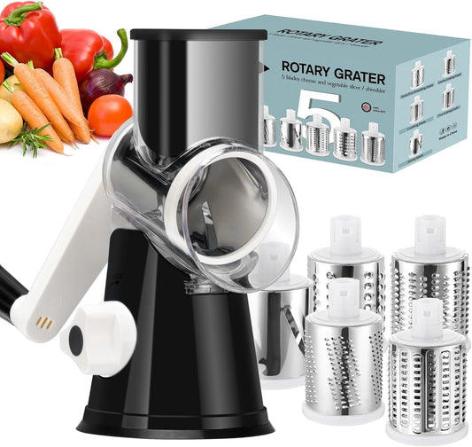 Rotary Cheese Grater Hand Crank, Kitchen Shredder Speed Mandolin Slicer Ice Shaver with Handle and Drum Blades for Cheese, Vegetable, Nuts, Chocolate, Potato, Carrot, 5 Blades, Black