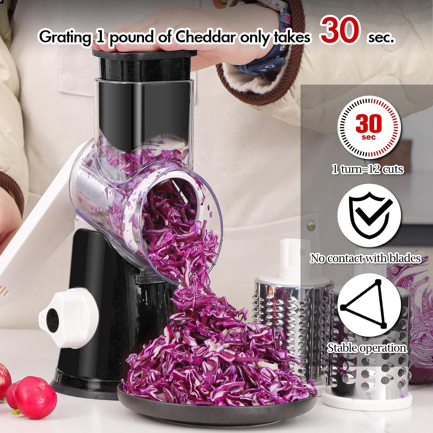 Rotary Cheese Grater Hand Crank, Kitchen Shredder Speed Mandolin Slicer Ice Shaver with Handle and Drum Blades for Cheese, Vegetable, Nuts, Chocolate, Potato, Carrot, 5 Blades, Black