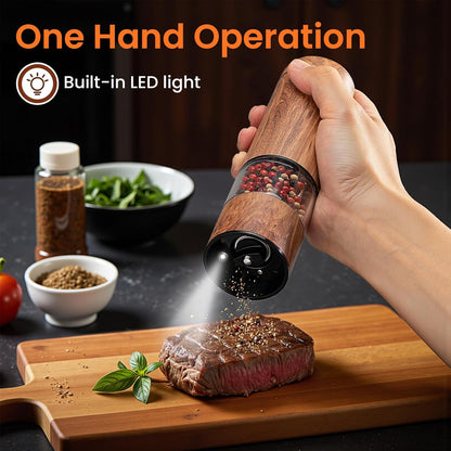 Electric Salt and Pepper Grinder Set Rechargeable – Automatic Salt and Pepper Shakers with Adjustable Coarseness, LED Light, One-Hand Operation Salt and Pepper Shakers Set (Wood Grain)