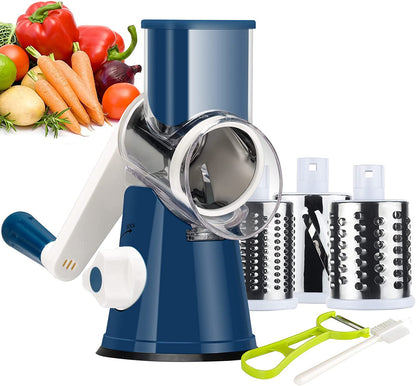Rotary Cheese Grater Hand Crank, Kitchen Shredder Speed Mandolin Slicer Ice Shaver with Handle and Drum Blades for Cheese, Vegetable, Nuts, Chocolate, Potato, Carrot, 5 Blades, Black
