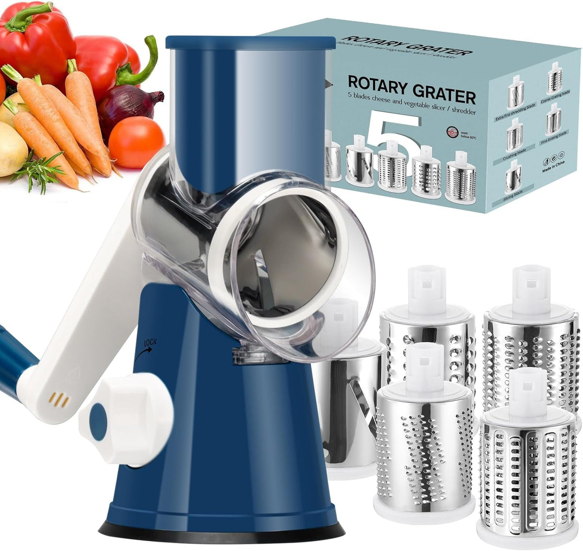 Rotary Cheese Grater Hand Crank, Kitchen Shredder Speed Mandolin Slicer Ice Shaver with Handle and Drum Blades for Cheese, Vegetable, Nuts, Chocolate, Potato, Carrot, 5 Blades, Black