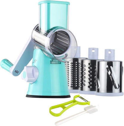 Rotary Cheese Grater Hand Crank, Kitchen Shredder Speed Mandolin Slicer Ice Shaver with Handle and Drum Blades for Cheese, Vegetable, Nuts, Chocolate, Potato, Carrot, 5 Blades, Black