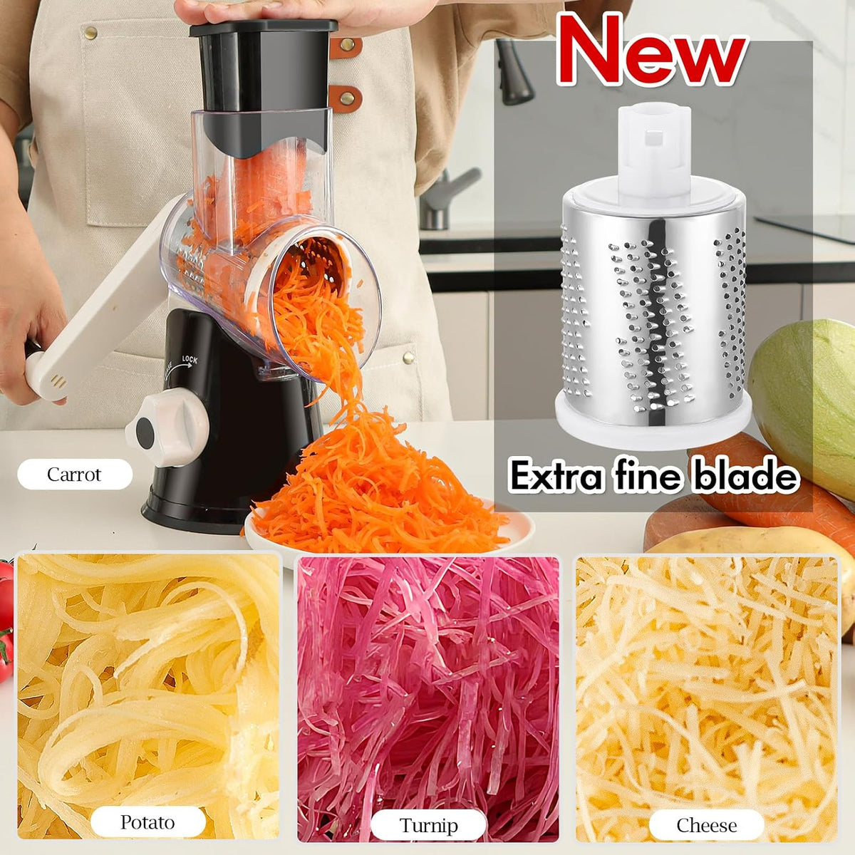 Rotary Cheese Grater Hand Crank, Kitchen Shredder Speed Mandolin Slicer Ice Shaver with Handle and Drum Blades for Cheese, Vegetable, Nuts, Chocolate, Potato, Carrot, 5 Blades, Black