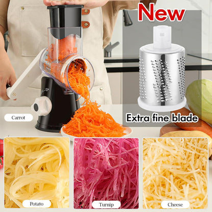 Rotary Cheese Grater Hand Crank, Kitchen Shredder Speed Mandolin Slicer Ice Shaver with Handle and Drum Blades for Cheese, Vegetable, Nuts, Chocolate, Potato, Carrot, 5 Blades, Black