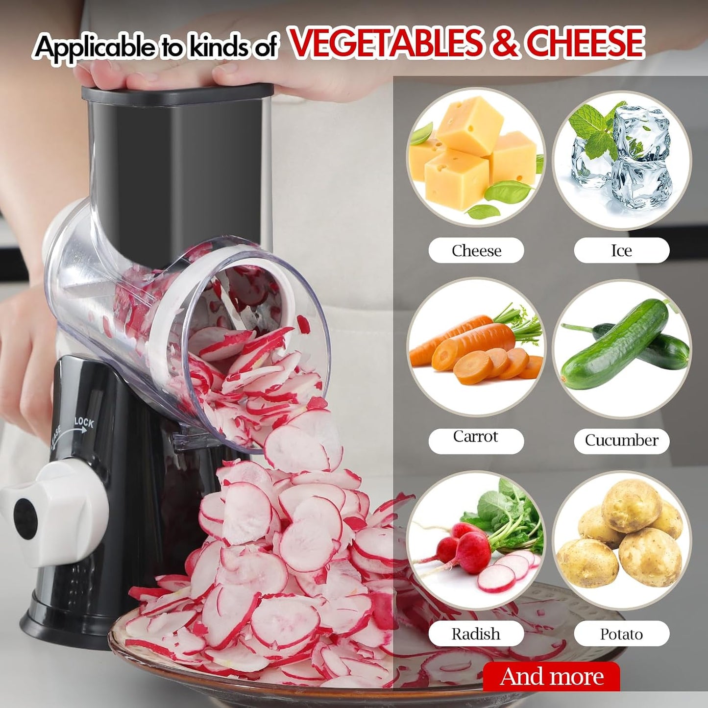 Rotary Cheese Grater Hand Crank, Kitchen Shredder Speed Mandolin Slicer Ice Shaver with Handle and Drum Blades for Cheese, Vegetable, Nuts, Chocolate, Potato, Carrot, 5 Blades, Black