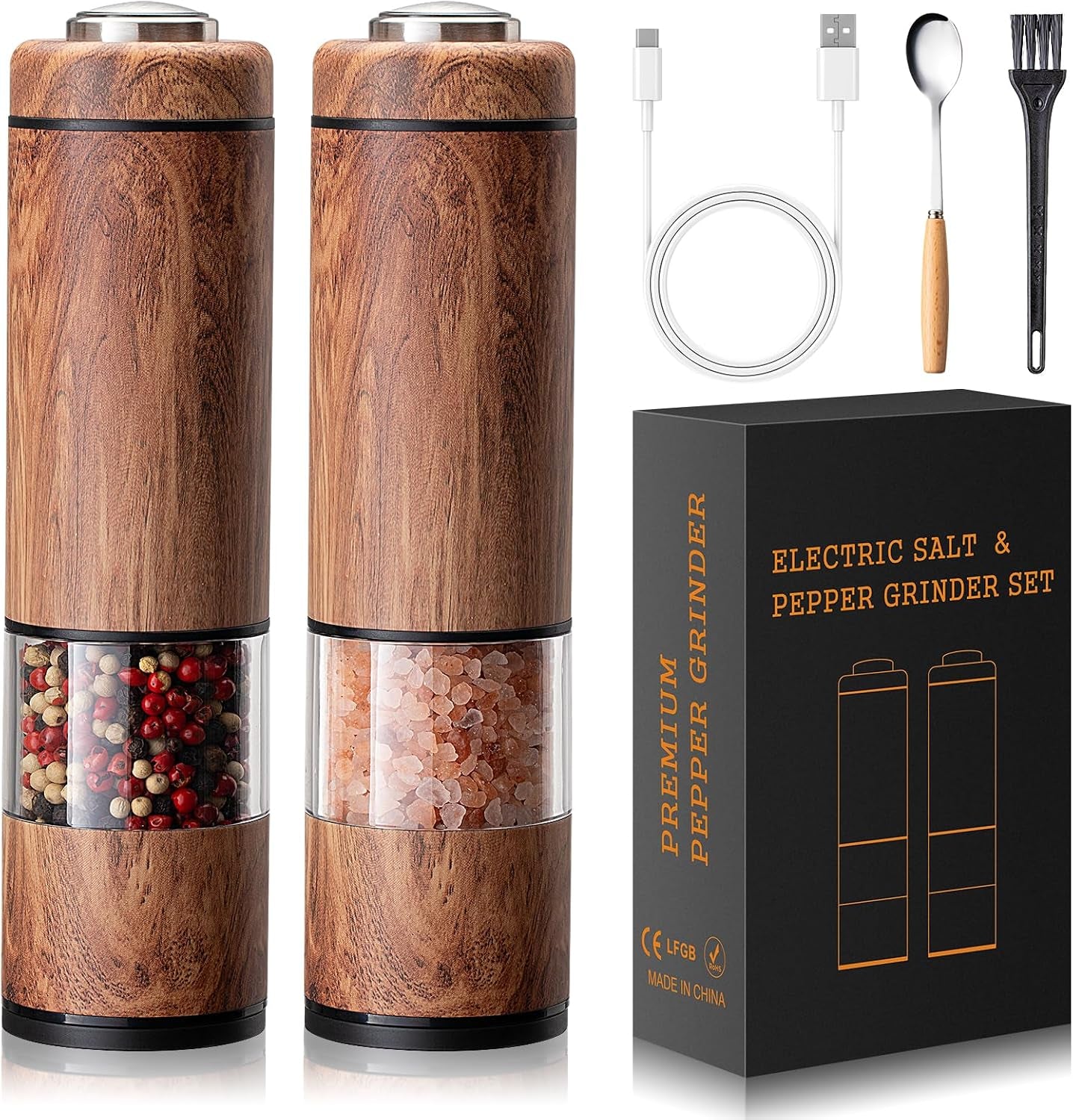 Electric Salt and Pepper Grinder Set Rechargeable – Automatic Salt and Pepper Shakers with Adjustable Coarseness, LED Light, One-Hand Operation Salt and Pepper Shakers Set (Wood Grain)