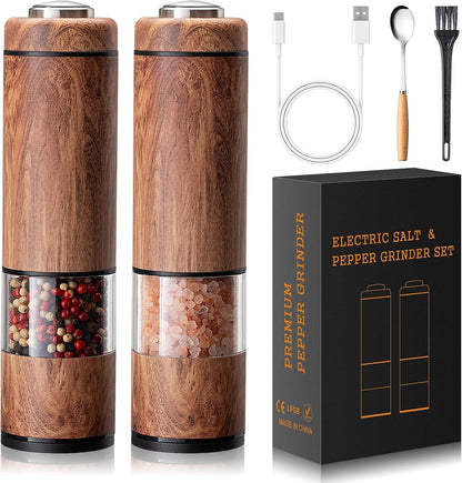 Electric Salt and Pepper Grinder Set Rechargeable – Automatic Salt and Pepper Shakers with Adjustable Coarseness, LED Light, One-Hand Operation Salt and Pepper Shakers Set (Wood Grain)