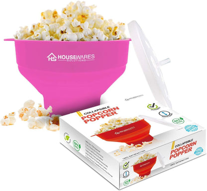 Collapsible Silicone Microwave Hot Air Popcorn Popper Bowl with Lid and Handles - Red