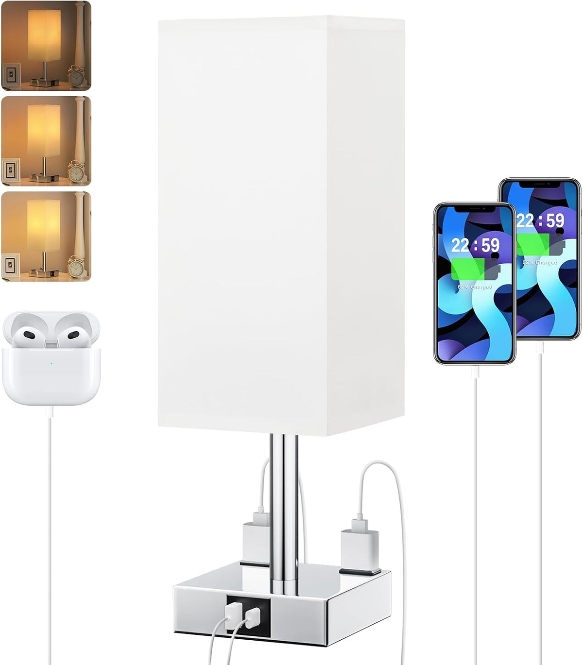Touch Bedside Table Lamp for Bedroom - Dimmable, USB C+A, 2 AC Outlets