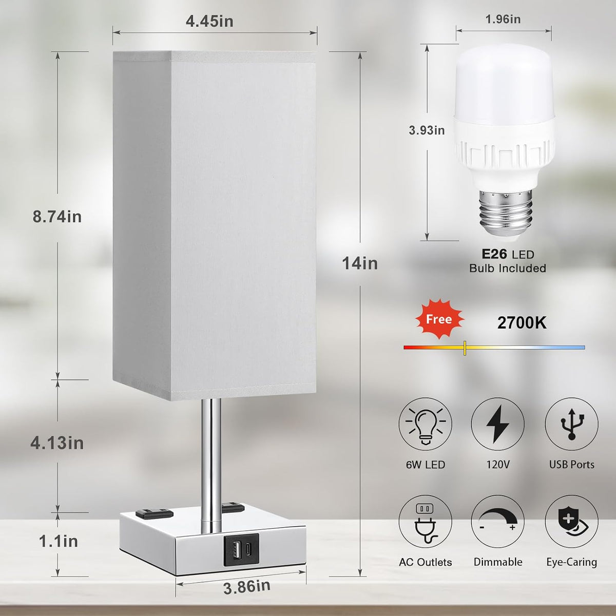 Touch Bedside Table Lamp for Bedroom - Dimmable, USB C+A, 2 AC Outlets