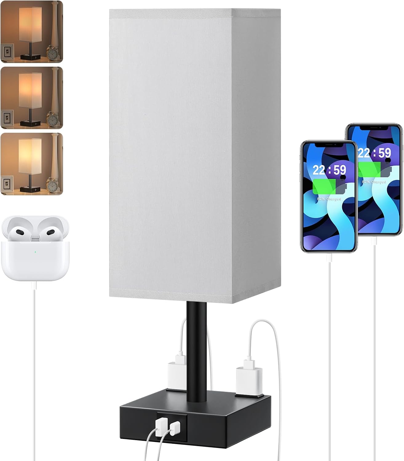 Touch Bedside Table Lamp for Bedroom - Dimmable, USB C+A, 2 AC Outlets