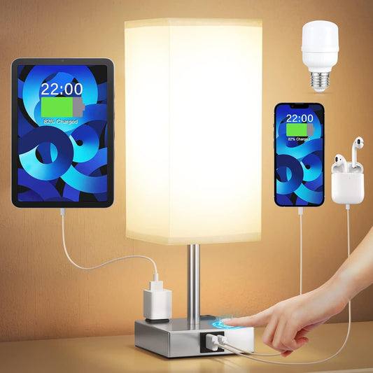 Touch Bedside Table Lamp for Bedroom - Dimmable, USB C+A, 2 AC Outlets