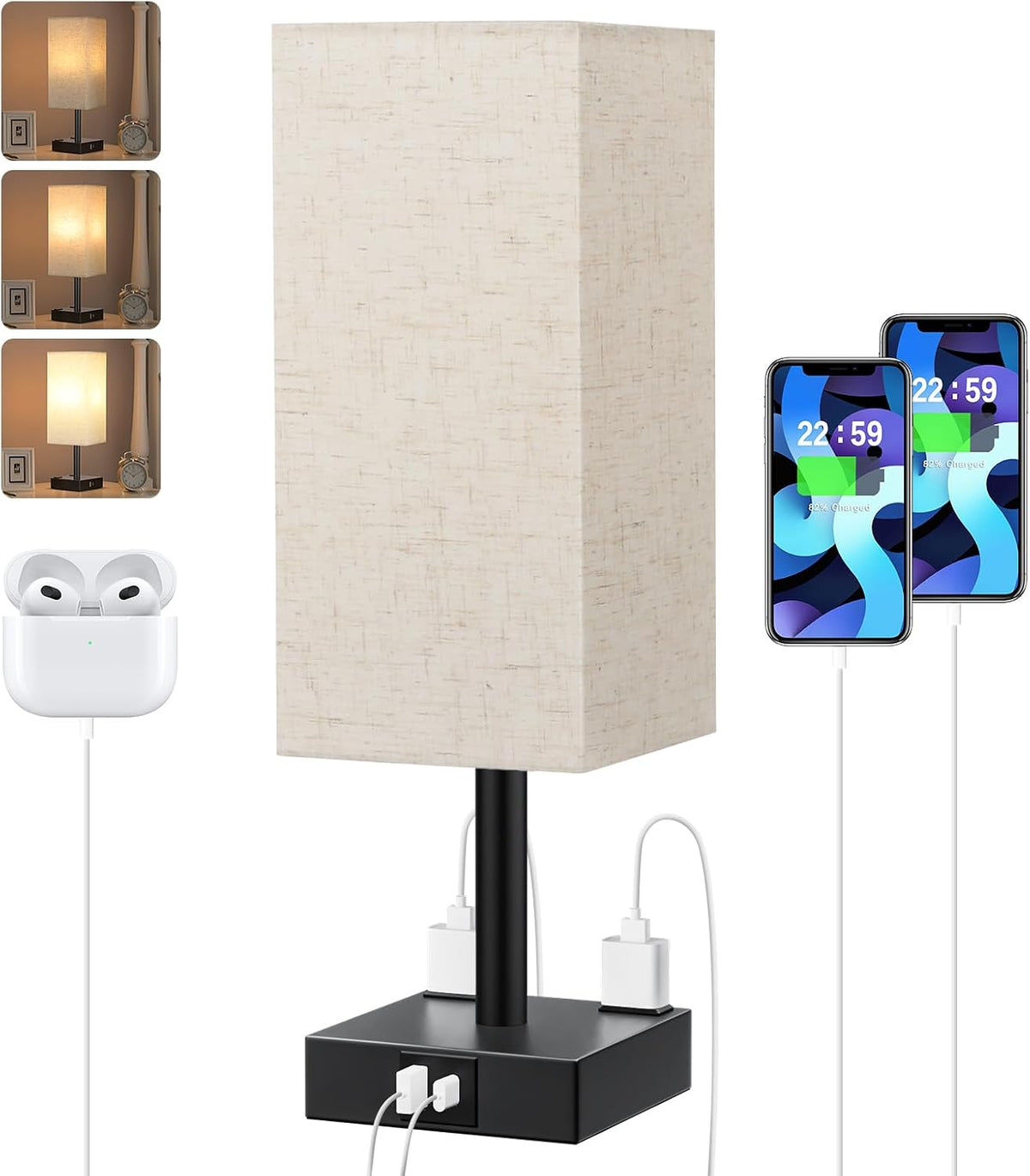 Touch Bedside Table Lamp for Bedroom - Dimmable, USB C+A, 2 AC Outlets