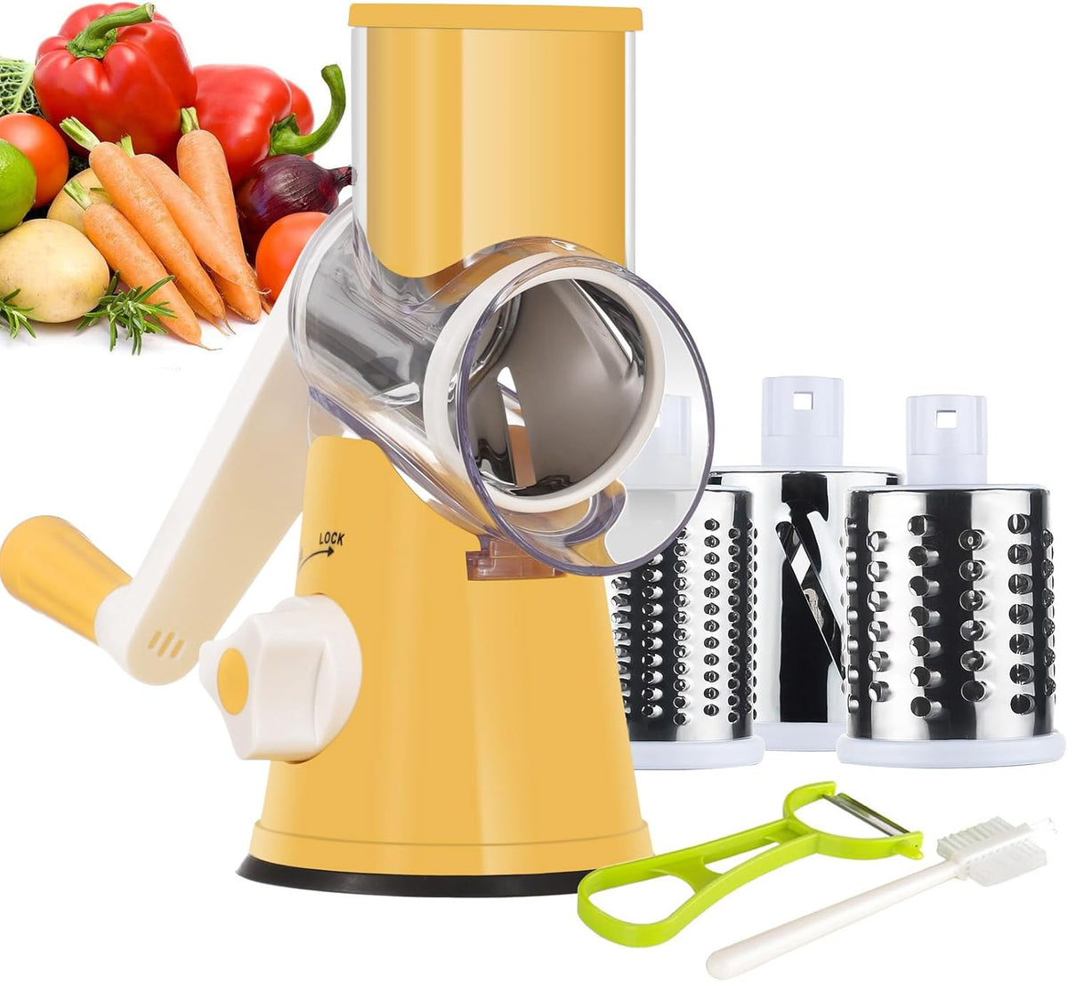 Rotary Cheese Grater Hand Crank, Kitchen Shredder Speed Mandolin Slicer Ice Shaver with Handle and Drum Blades for Cheese, Vegetable, Nuts, Chocolate, Potato, Carrot, 5 Blades, Black
