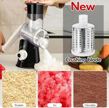 Rotary Cheese Grater Hand Crank, Kitchen Shredder Speed Mandolin Slicer Ice Shaver with Handle and Drum Blades for Cheese, Vegetable, Nuts, Chocolate, Potato, Carrot, 5 Blades, Black