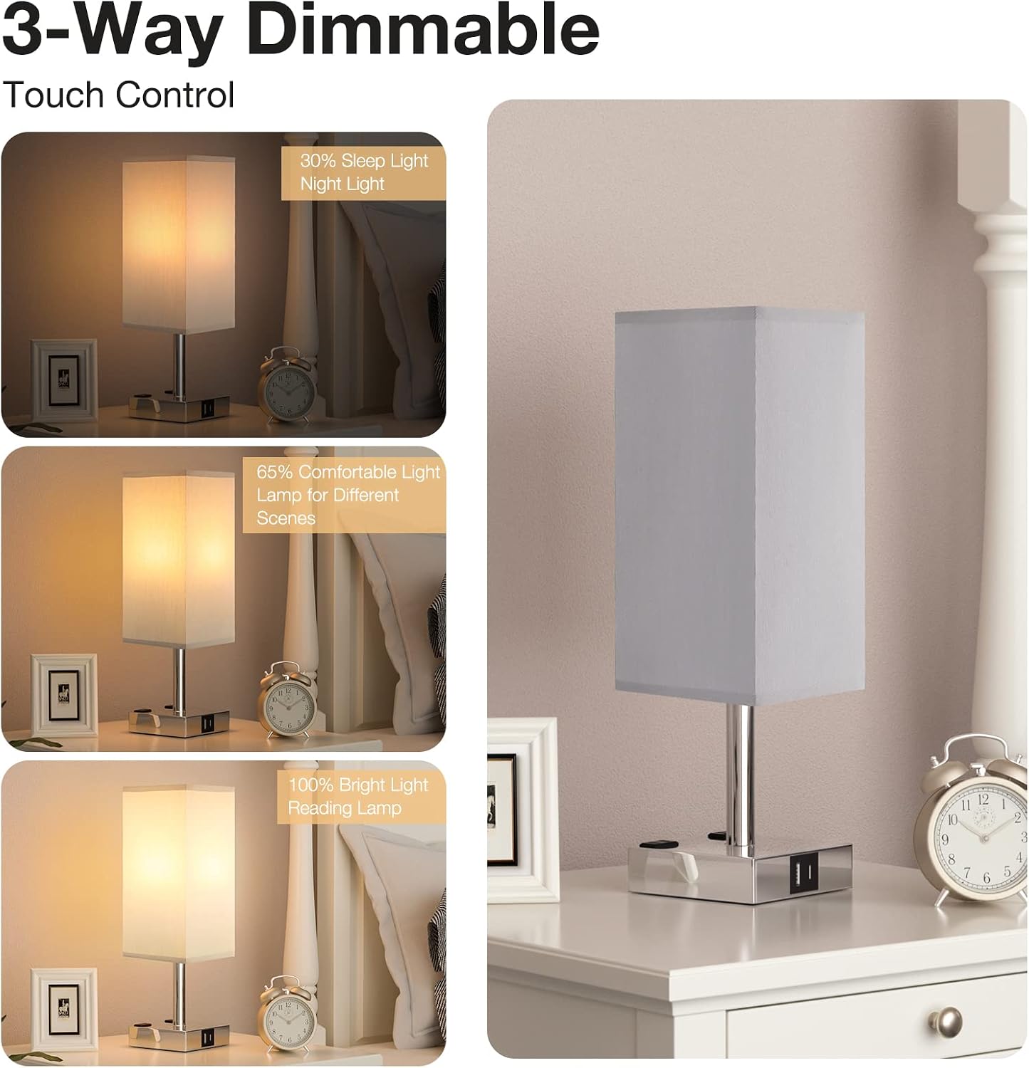 Touch Bedside Table Lamp for Bedroom - Dimmable, USB C+A, 2 AC Outlets