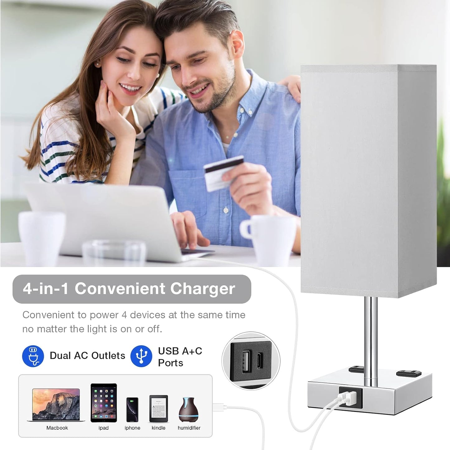 Touch Bedside Table Lamp for Bedroom - Dimmable, USB C+A, 2 AC Outlets