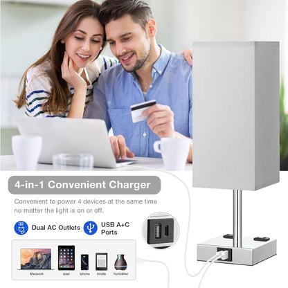 Touch Bedside Table Lamp for Bedroom - Dimmable, USB C+A, 2 AC Outlets