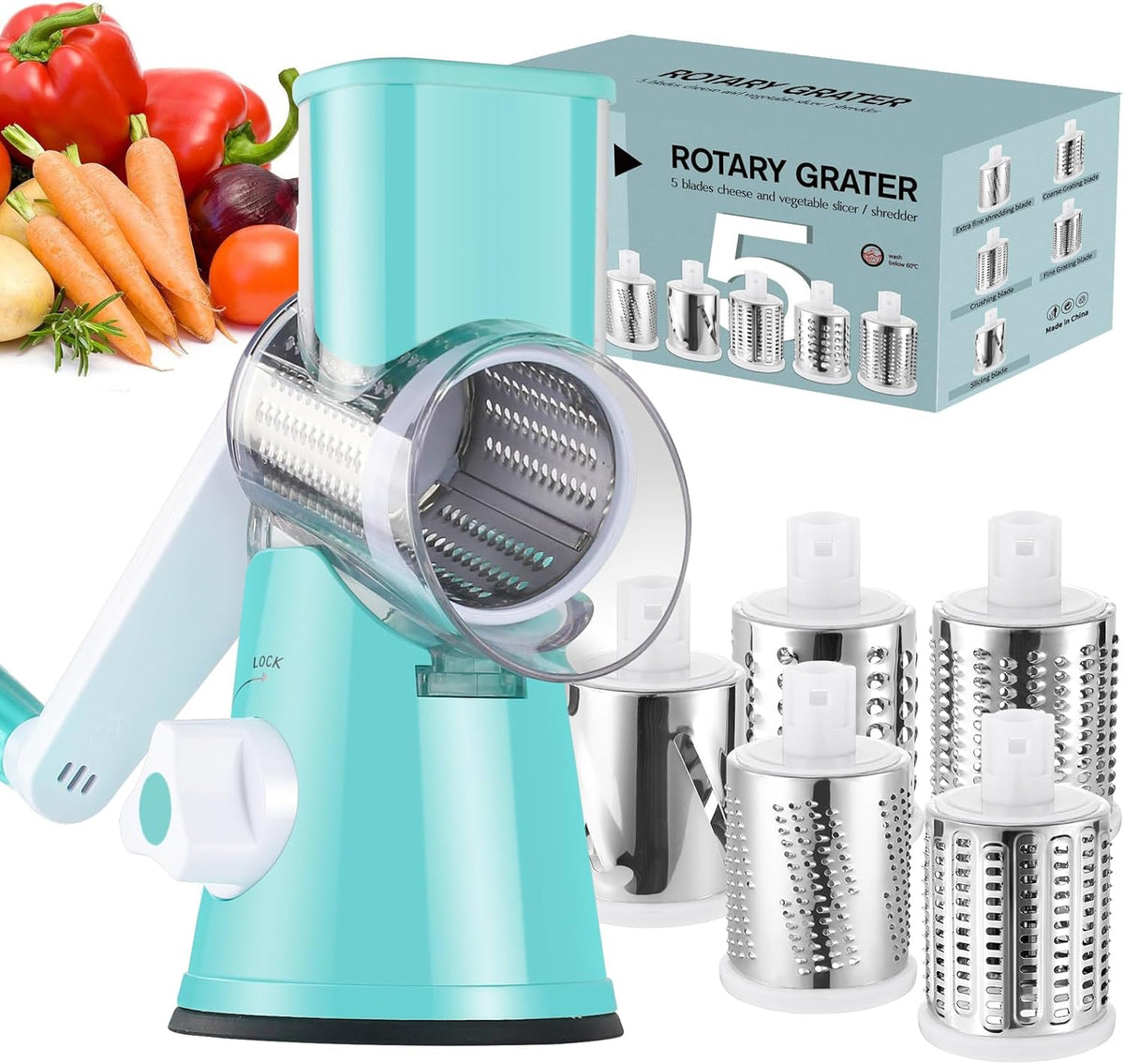 Rotary Cheese Grater Hand Crank, Kitchen Shredder Speed Mandolin Slicer Ice Shaver with Handle and Drum Blades for Cheese, Vegetable, Nuts, Chocolate, Potato, Carrot, 5 Blades, Black