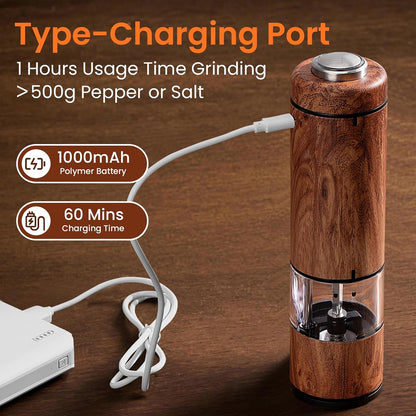 Electric Salt and Pepper Grinder Set Rechargeable – Automatic Salt and Pepper Shakers with Adjustable Coarseness, LED Light, One-Hand Operation Salt and Pepper Shakers Set (Wood Grain)