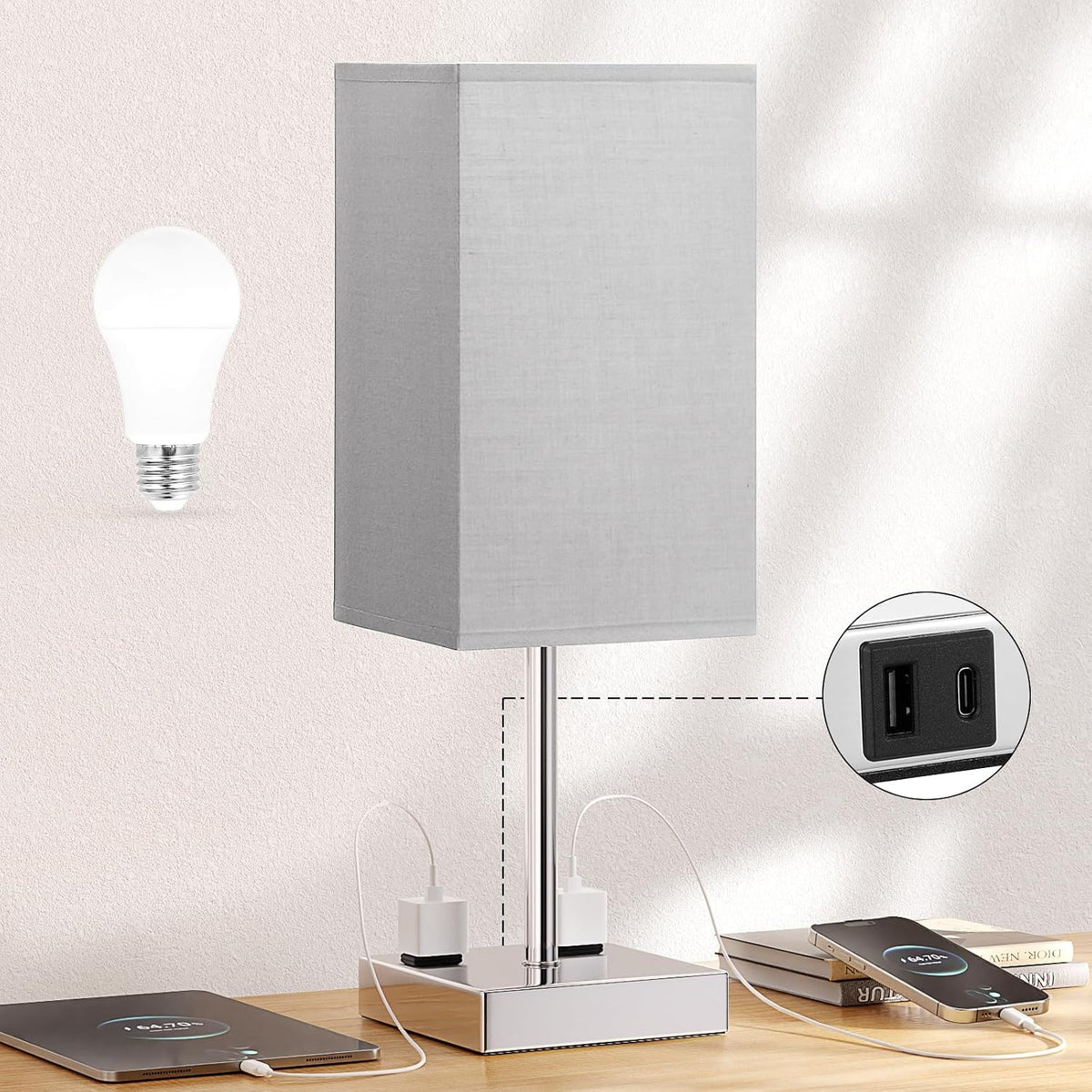 Touch Bedside Table Lamp for Bedroom - Dimmable, USB C+A, 2 AC Outlets