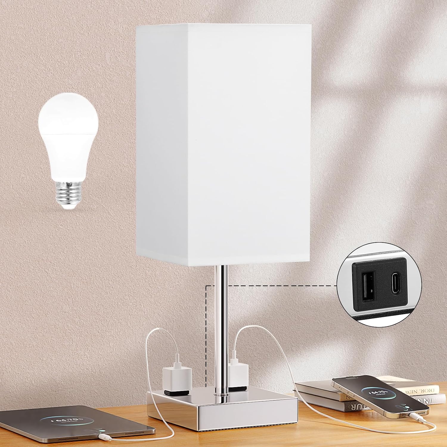 Touch Bedside Table Lamp for Bedroom - Dimmable, USB C+A, 2 AC Outlets
