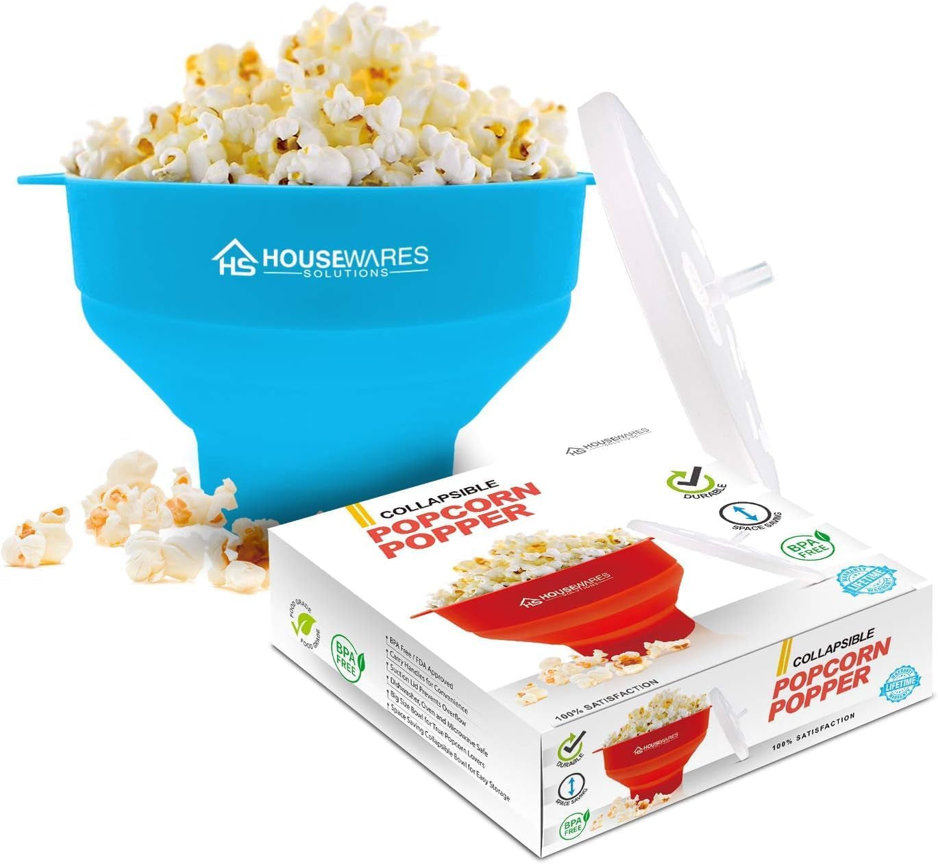 Collapsible Silicone Microwave Hot Air Popcorn Popper Bowl with Lid and Handles - Red