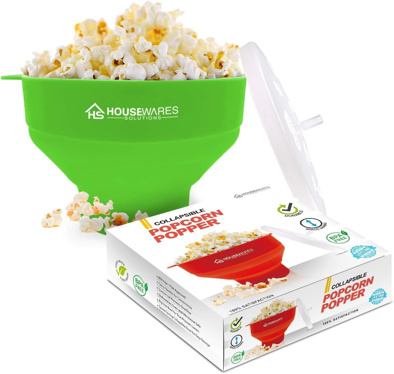 Collapsible Silicone Microwave Hot Air Popcorn Popper Bowl with Lid and Handles - Red
