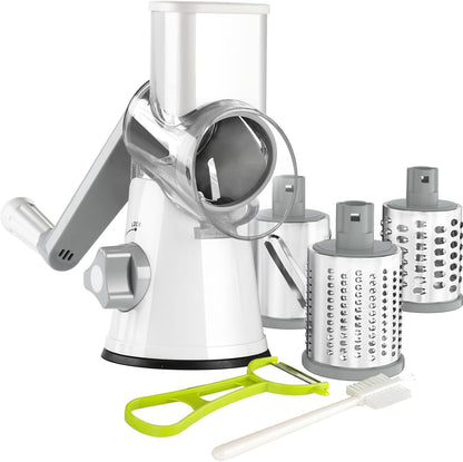 Rotary Cheese Grater Hand Crank, Kitchen Shredder Speed Mandolin Slicer Ice Shaver with Handle and Drum Blades for Cheese, Vegetable, Nuts, Chocolate, Potato, Carrot, 5 Blades, Black