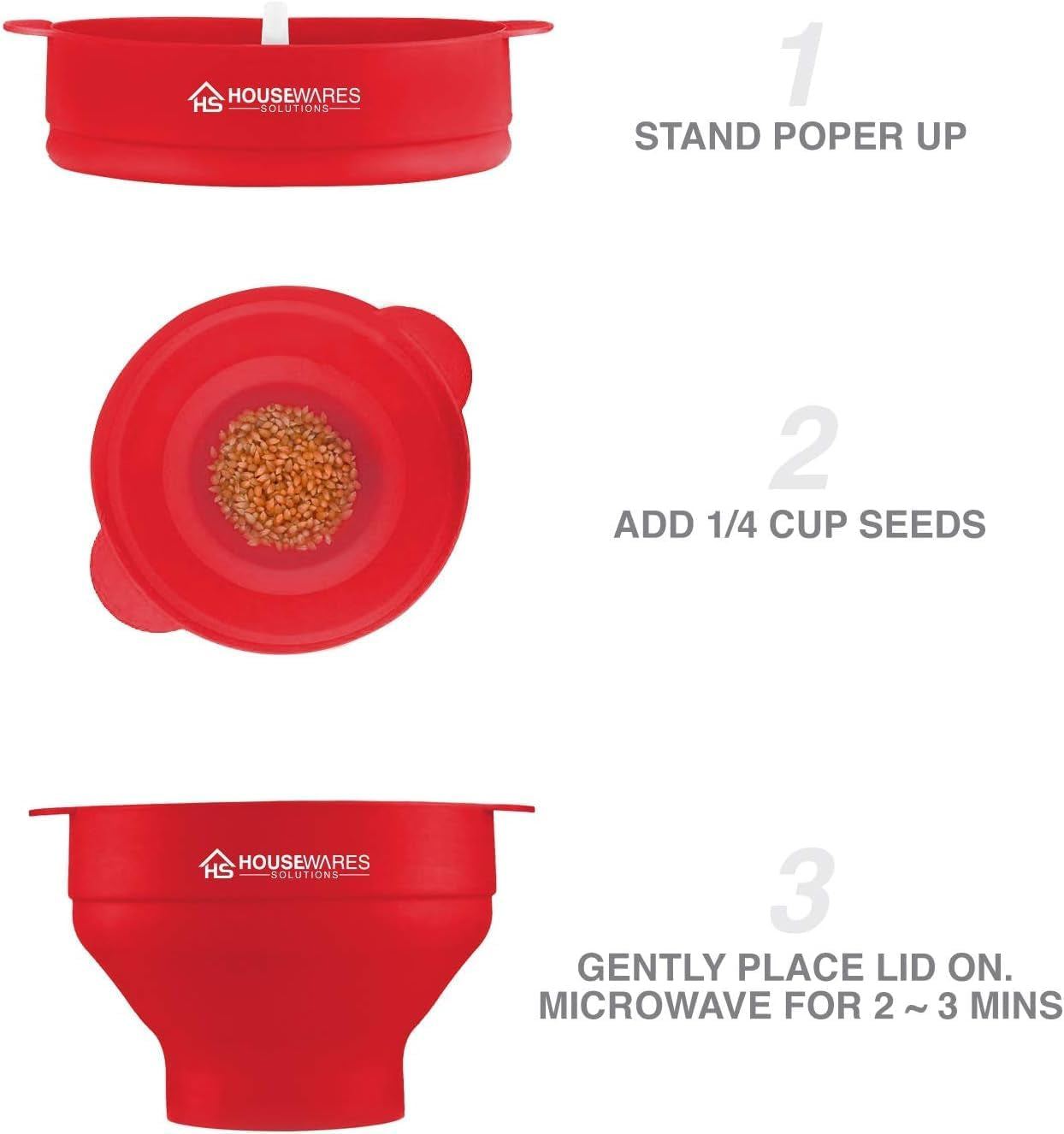 Collapsible Silicone Microwave Hot Air Popcorn Popper Bowl with Lid and Handles - Red