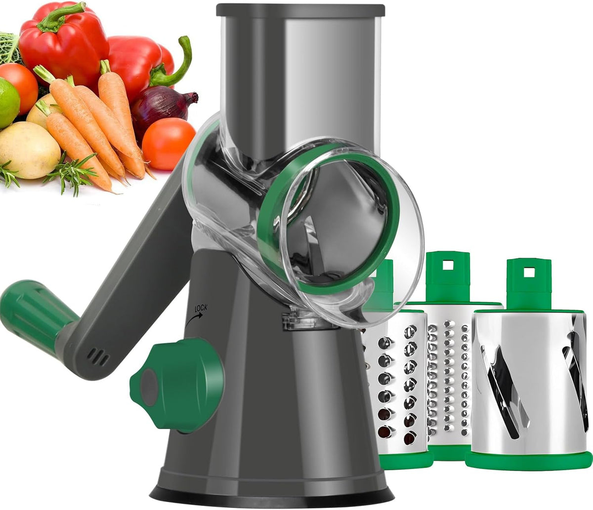 Rotary Cheese Grater Hand Crank, Kitchen Shredder Speed Mandolin Slicer Ice Shaver with Handle and Drum Blades for Cheese, Vegetable, Nuts, Chocolate, Potato, Carrot, 5 Blades, Black