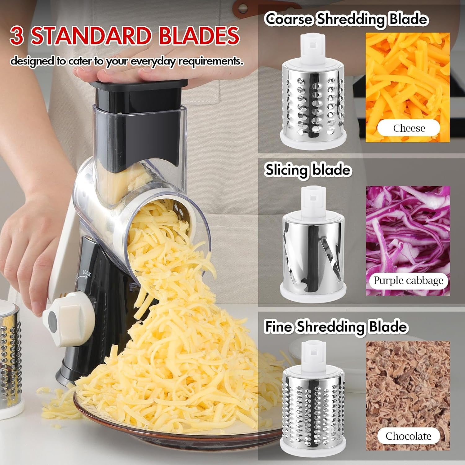 Rotary Cheese Grater Hand Crank, Kitchen Shredder Speed Mandolin Slicer Ice Shaver with Handle and Drum Blades for Cheese, Vegetable, Nuts, Chocolate, Potato, Carrot, 5 Blades, Black