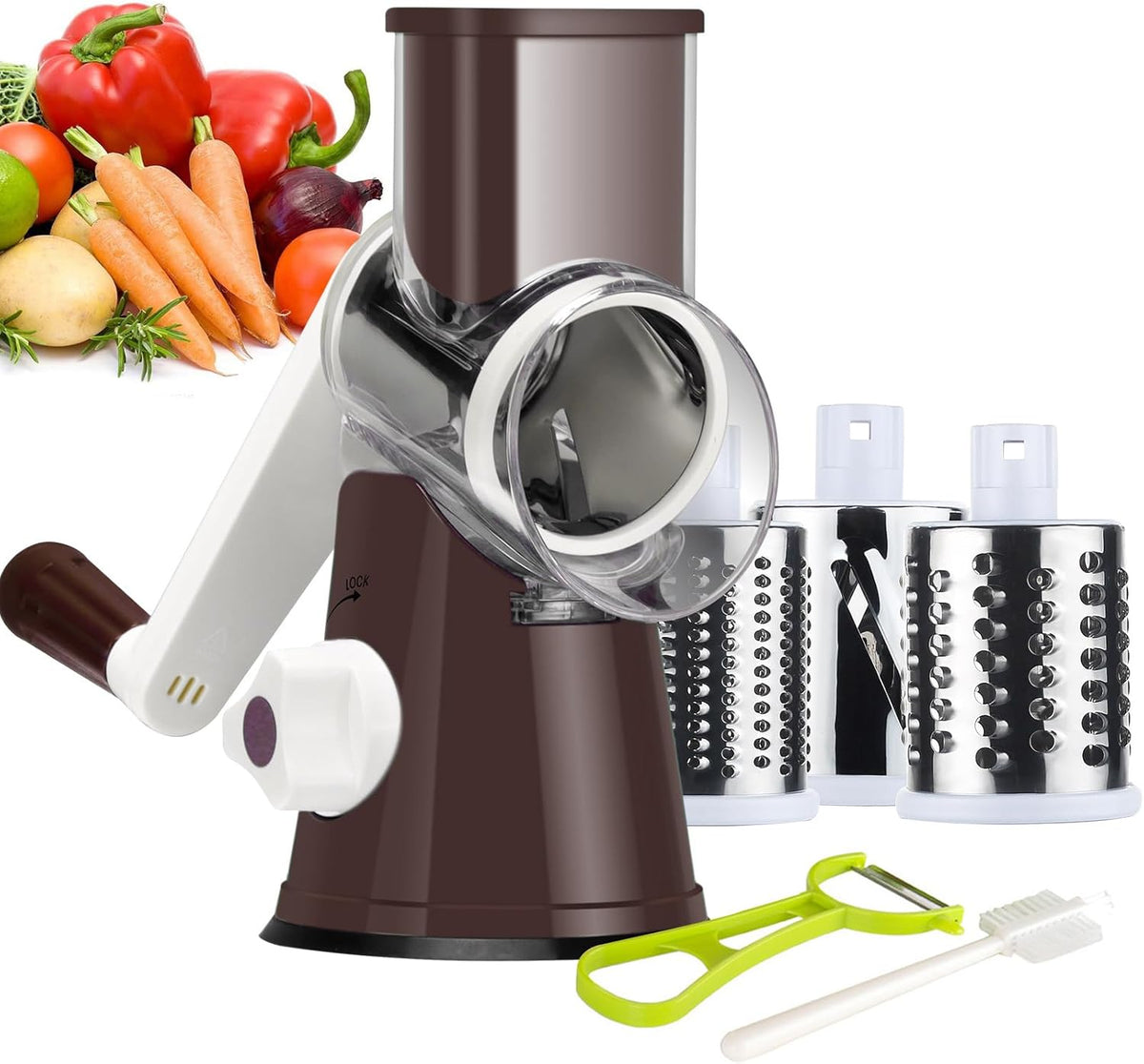 Rotary Cheese Grater Hand Crank, Kitchen Shredder Speed Mandolin Slicer Ice Shaver with Handle and Drum Blades for Cheese, Vegetable, Nuts, Chocolate, Potato, Carrot, 5 Blades, Black