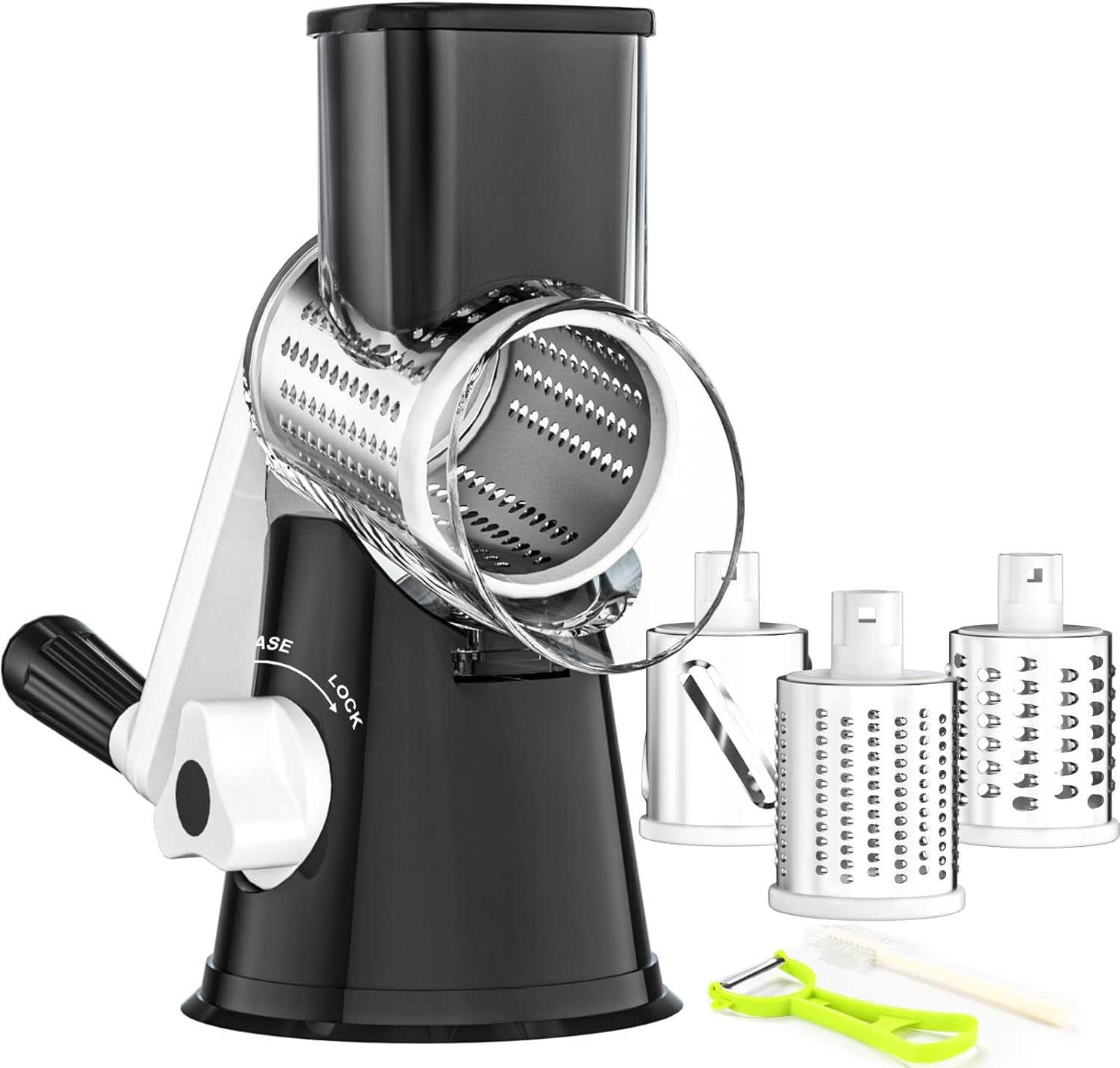 Rotary Cheese Grater Hand Crank, Kitchen Shredder Speed Mandolin Slicer Ice Shaver with Handle and Drum Blades for Cheese, Vegetable, Nuts, Chocolate, Potato, Carrot, 5 Blades, Black