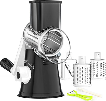Rotary Cheese Grater Hand Crank, Kitchen Shredder Speed Mandolin Slicer Ice Shaver with Handle and Drum Blades for Cheese, Vegetable, Nuts, Chocolate, Potato, Carrot, 5 Blades, Black