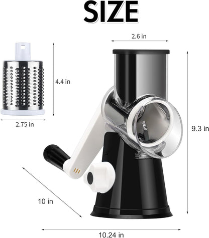 Rotary Cheese Grater Hand Crank, Kitchen Shredder Speed Mandolin Slicer Ice Shaver with Handle and Drum Blades for Cheese, Vegetable, Nuts, Chocolate, Potato, Carrot, 5 Blades, Black