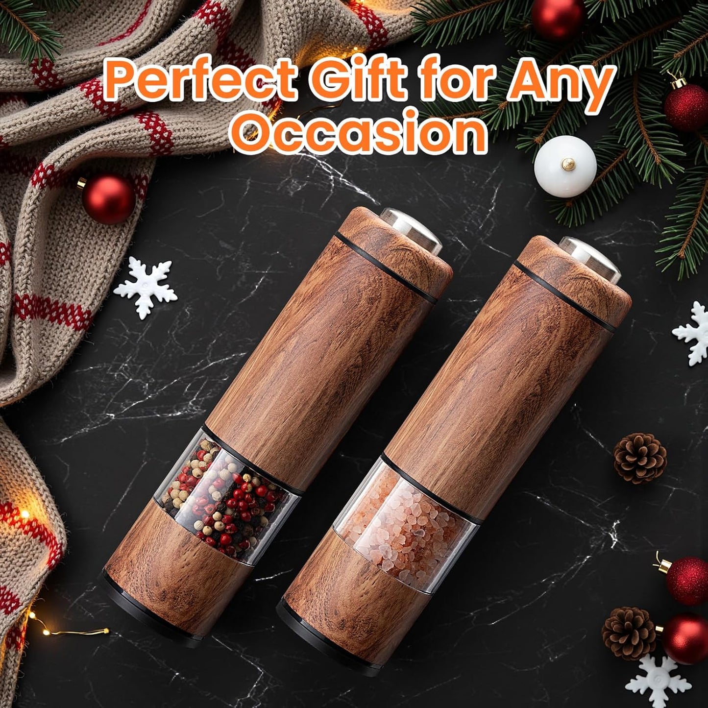 Electric Salt and Pepper Grinder Set Rechargeable – Automatic Salt and Pepper Shakers with Adjustable Coarseness, LED Light, One-Hand Operation Salt and Pepper Shakers Set (Wood Grain)