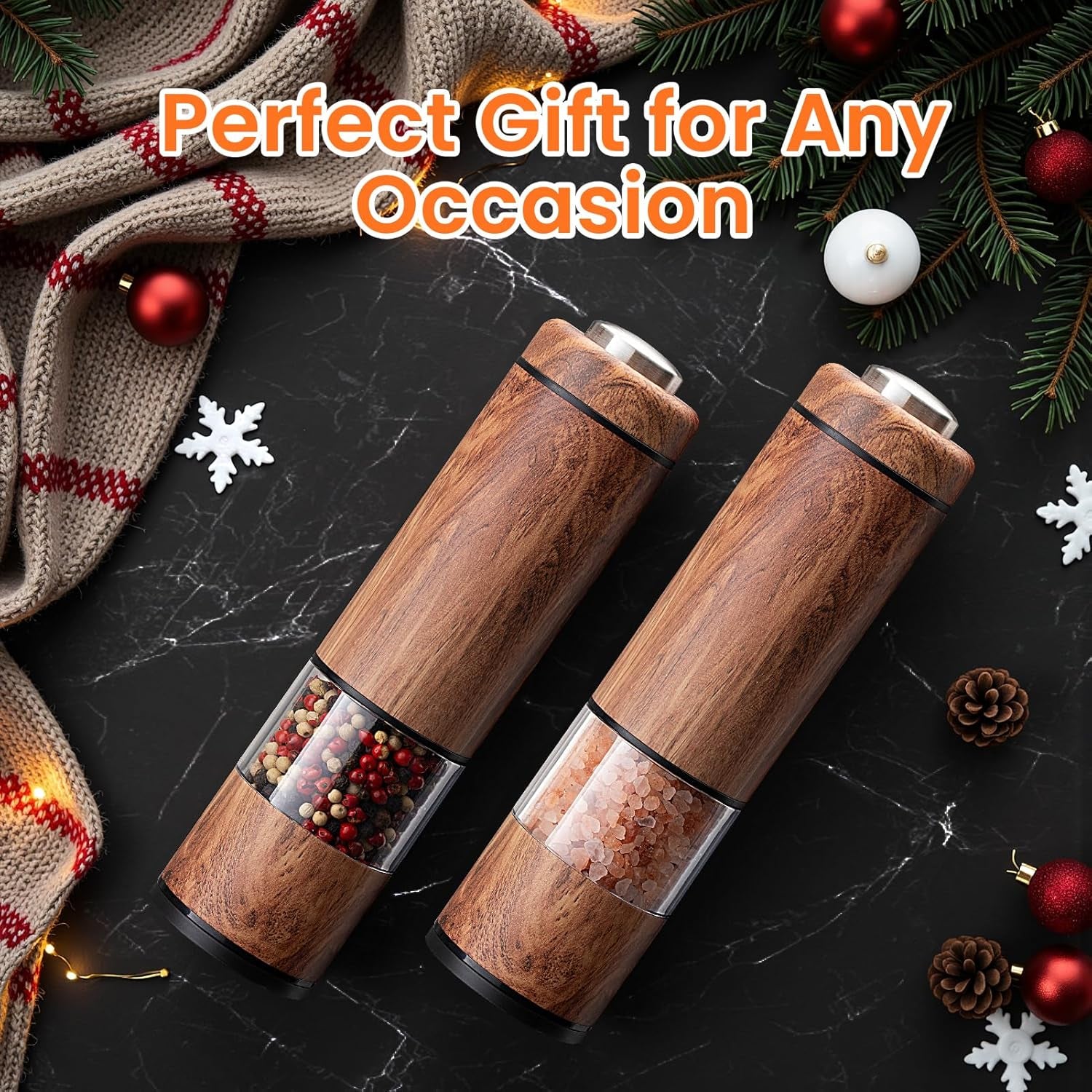 Electric Salt and Pepper Grinder Set Rechargeable – Automatic Salt and Pepper Shakers with Adjustable Coarseness, LED Light, One-Hand Operation Salt and Pepper Shakers Set (Wood Grain)
