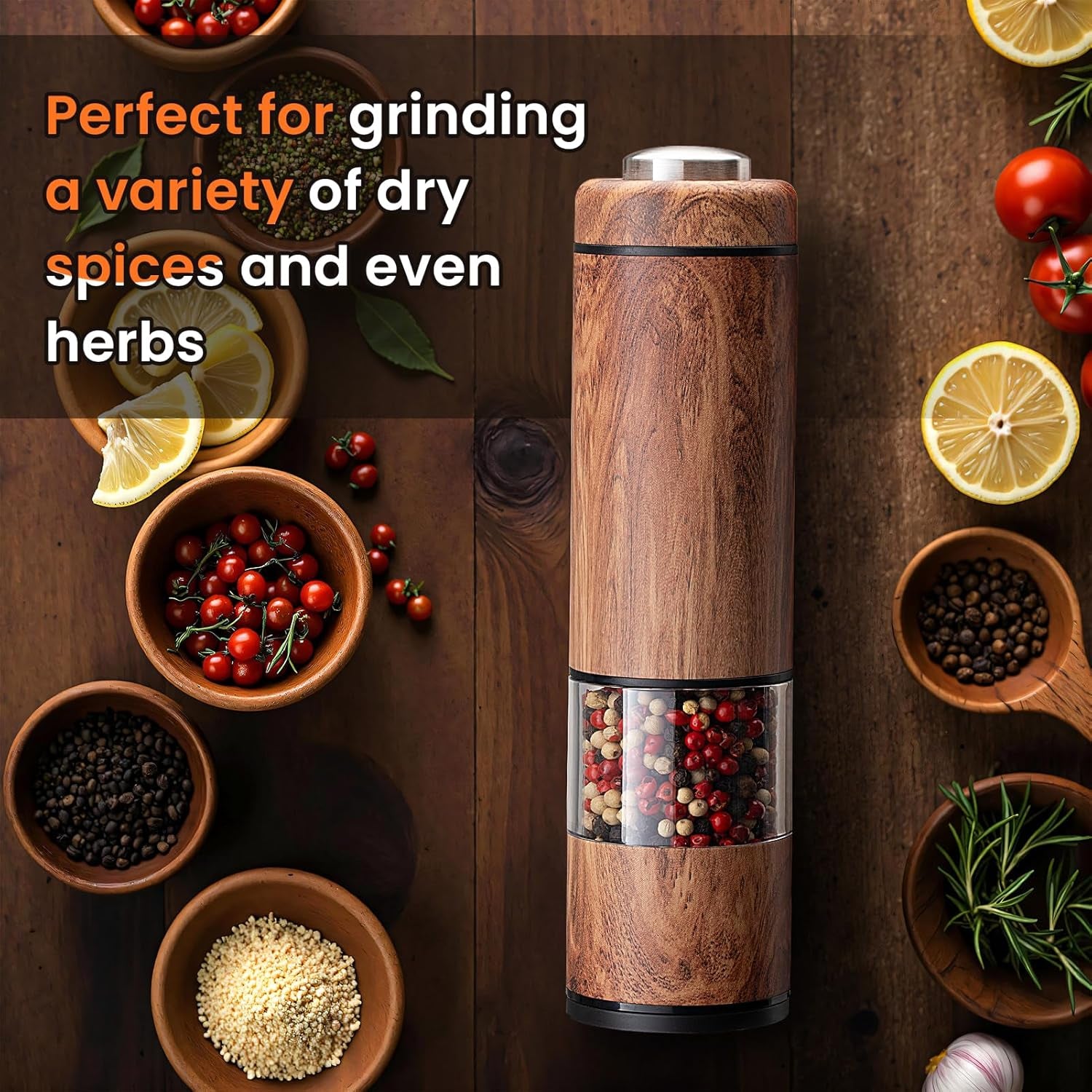 Electric Salt and Pepper Grinder Set Rechargeable – Automatic Salt and Pepper Shakers with Adjustable Coarseness, LED Light, One-Hand Operation Salt and Pepper Shakers Set (Wood Grain)