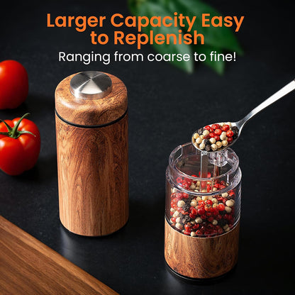 Electric Salt and Pepper Grinder Set Rechargeable – Automatic Salt and Pepper Shakers with Adjustable Coarseness, LED Light, One-Hand Operation Salt and Pepper Shakers Set (Wood Grain)