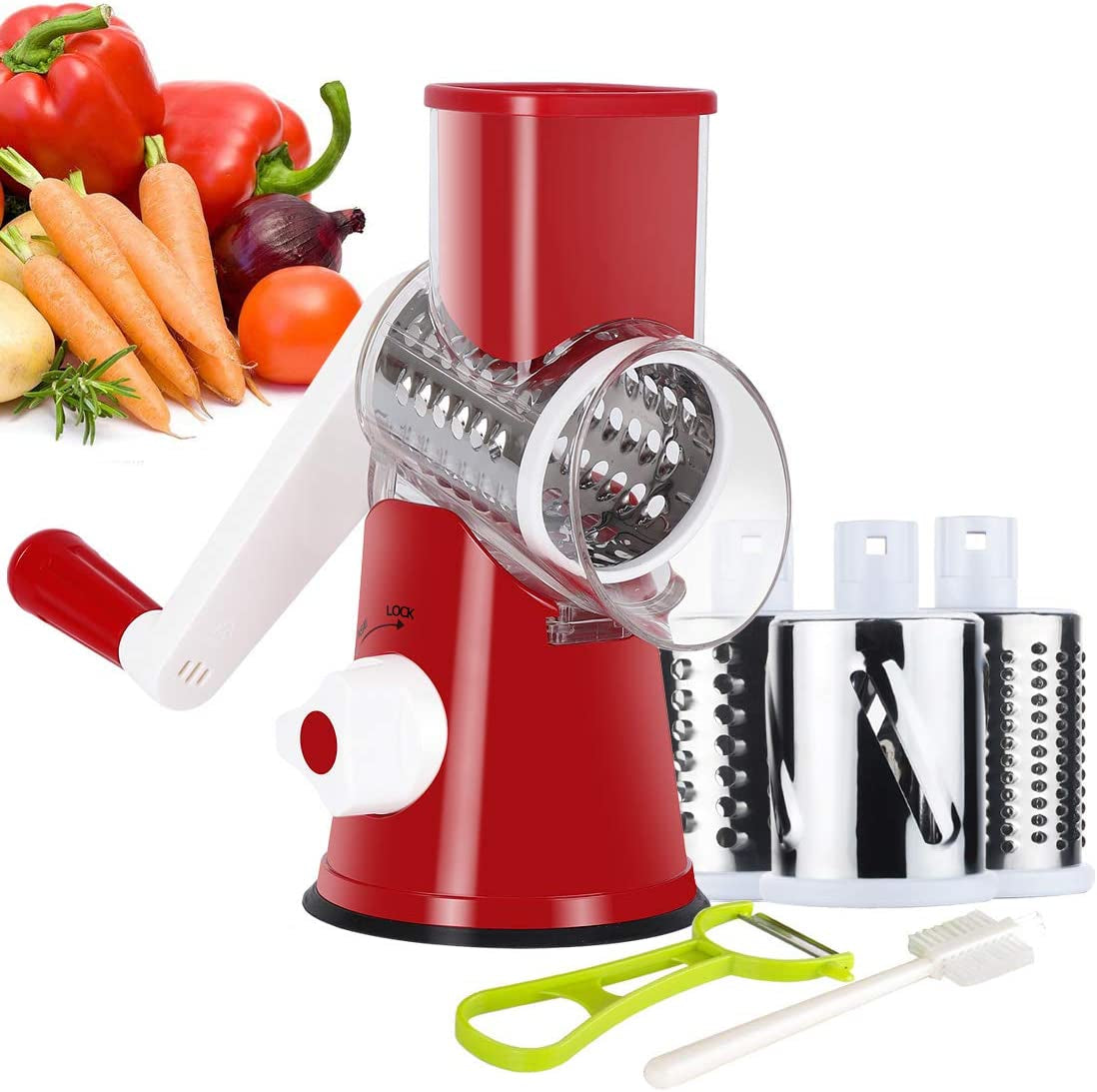 Rotary Cheese Grater Hand Crank, Kitchen Shredder Speed Mandolin Slicer Ice Shaver with Handle and Drum Blades for Cheese, Vegetable, Nuts, Chocolate, Potato, Carrot, 5 Blades, Black
