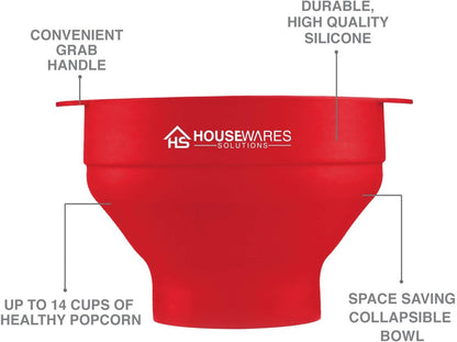 Collapsible Silicone Microwave Hot Air Popcorn Popper Bowl with Lid and Handles - Red