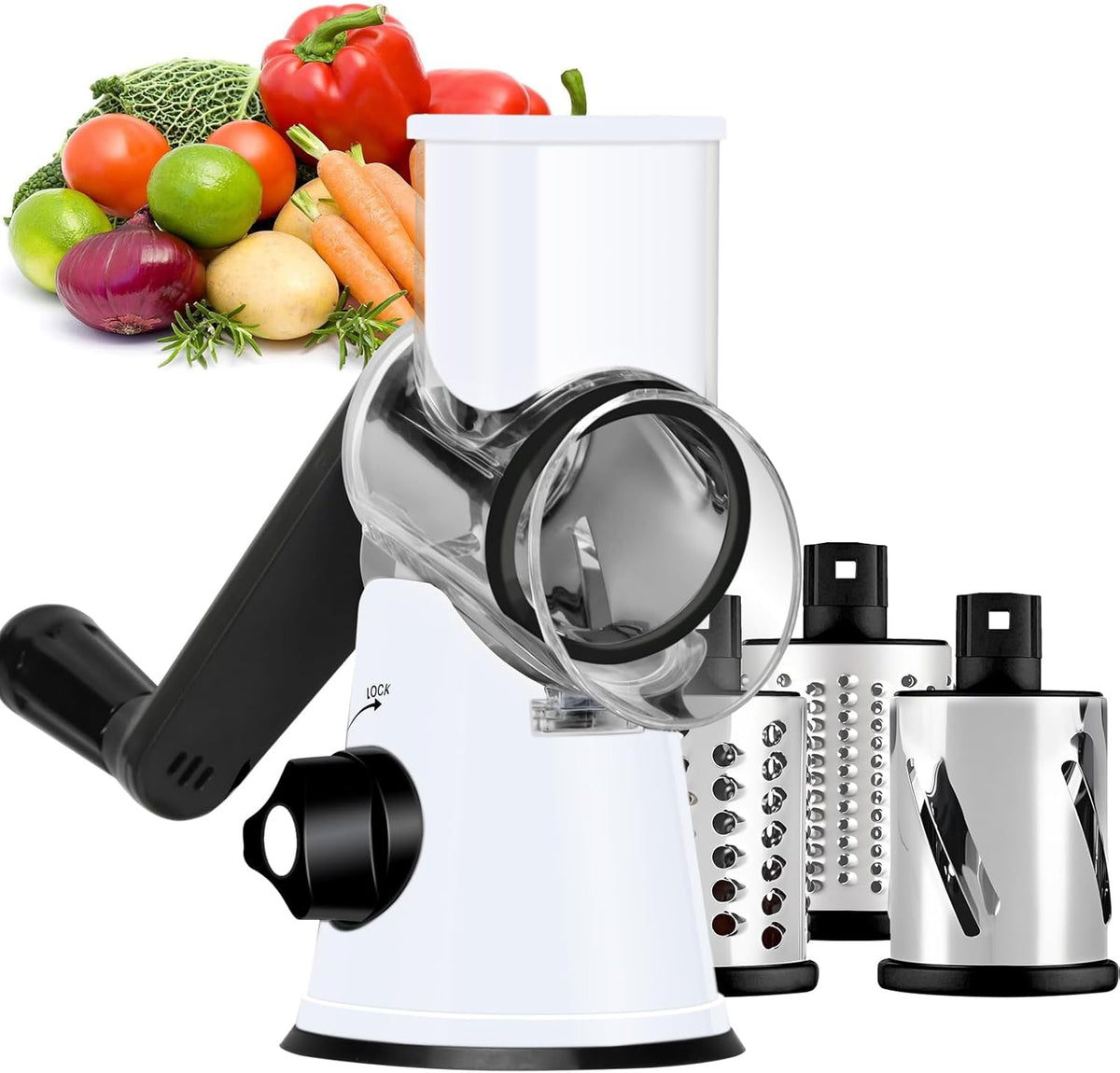 Rotary Cheese Grater Hand Crank, Kitchen Shredder Speed Mandolin Slicer Ice Shaver with Handle and Drum Blades for Cheese, Vegetable, Nuts, Chocolate, Potato, Carrot, 5 Blades, Black