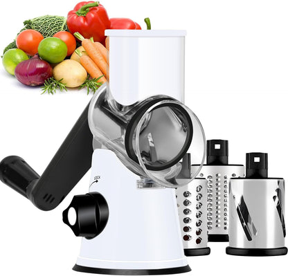Rotary Cheese Grater Hand Crank, Kitchen Shredder Speed Mandolin Slicer Ice Shaver with Handle and Drum Blades for Cheese, Vegetable, Nuts, Chocolate, Potato, Carrot, 5 Blades, Black