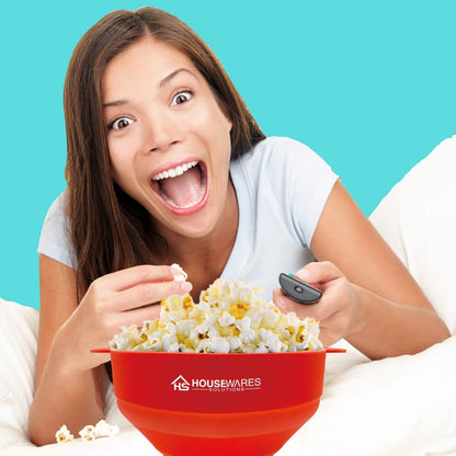 Collapsible Silicone Microwave Hot Air Popcorn Popper Bowl with Lid and Handles - Red
