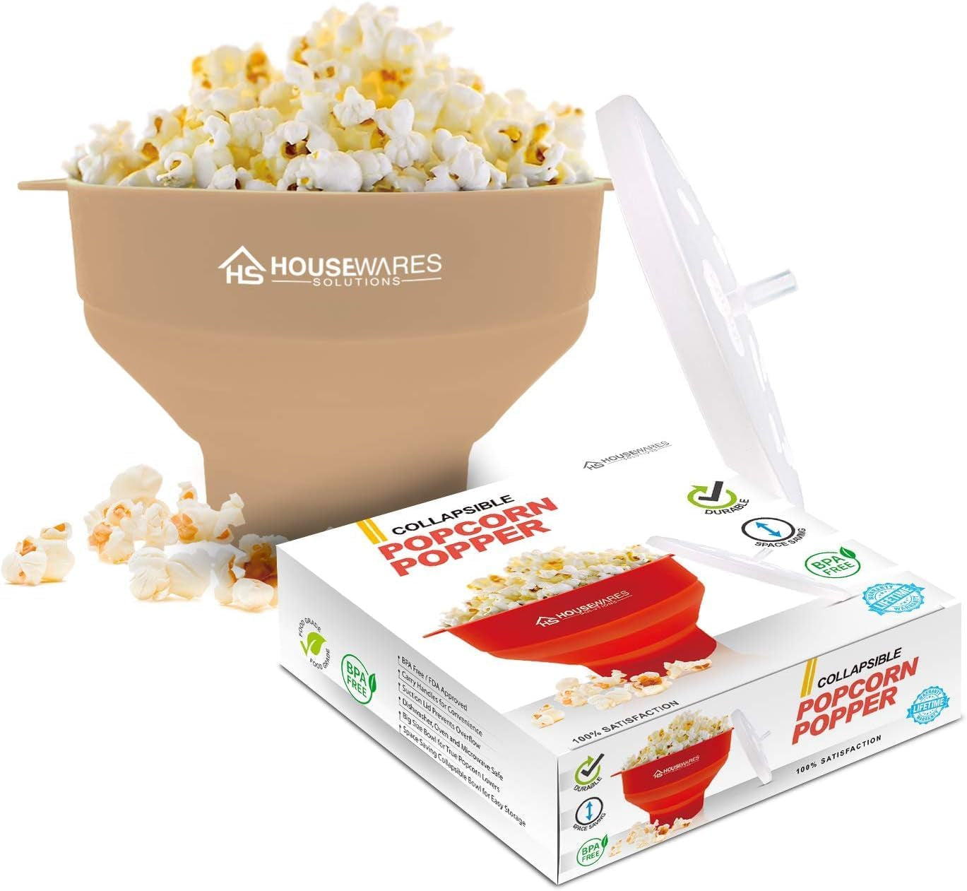 Collapsible Silicone Microwave Hot Air Popcorn Popper Bowl with Lid and Handles - Red