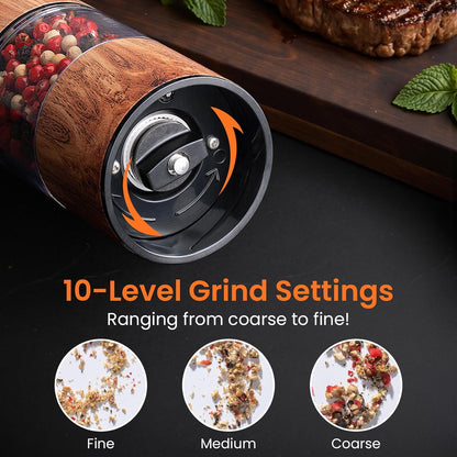 Electric Salt and Pepper Grinder Set Rechargeable – Automatic Salt and Pepper Shakers with Adjustable Coarseness, LED Light, One-Hand Operation Salt and Pepper Shakers Set (Wood Grain)