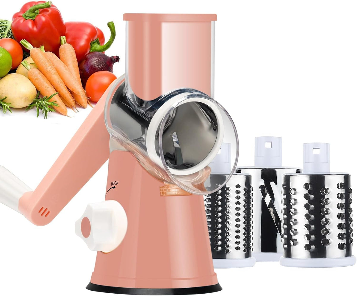Rotary Cheese Grater Hand Crank, Kitchen Shredder Speed Mandolin Slicer Ice Shaver with Handle and Drum Blades for Cheese, Vegetable, Nuts, Chocolate, Potato, Carrot, 5 Blades, Black